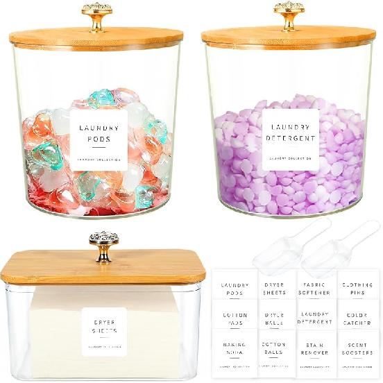 3 Pack Laundry Room Organization Storage Containers Acrylic Laundry Pod Containers and Dryer Sheet Holder with Lids and Labels for Laundry Detergent