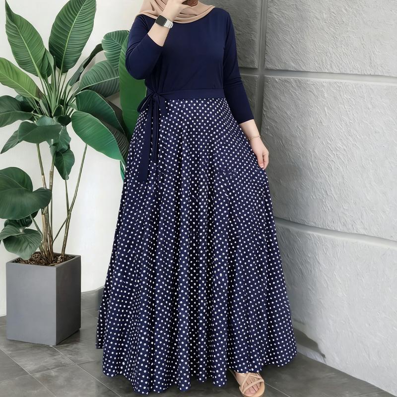 ZANZEA Women Casual Round Neck Long Sleeve Polka Dot Print Patchwork Retro Dress S темно-синий