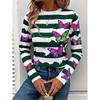 Autumn Women's Long-Sleeve T-Shirt with Striped Butterfly Print Casual Street Style O Neck Pullover Loose Fit Outdoor T-Shirt