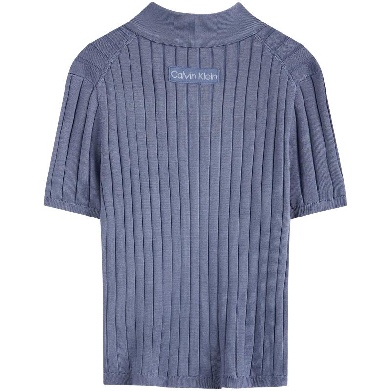 Calvin Klein Casual Striped Texture Polo Short Sleeve Knit Top Women tops Dark-Blue 47AB304-RLW