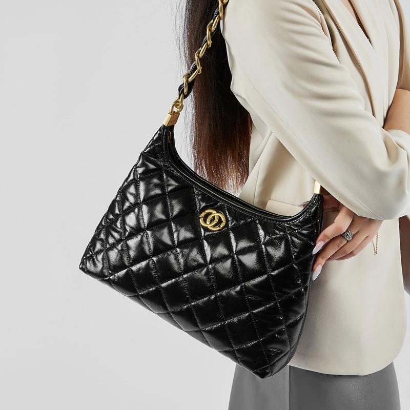 2025 New Style-Inspired Genuine Leather Single-Shoulder Hippie Bag High-End Thick Chain Hobo Underarm Bag Quilted Chain Bag