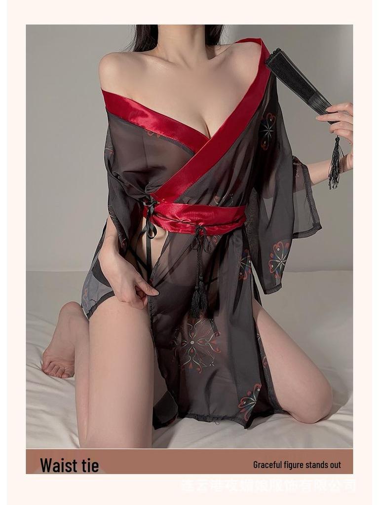 Vintage Lace See-Through Lingerie with Tie-Up Bib - Hanfu Nightgown and Sleep Skirt