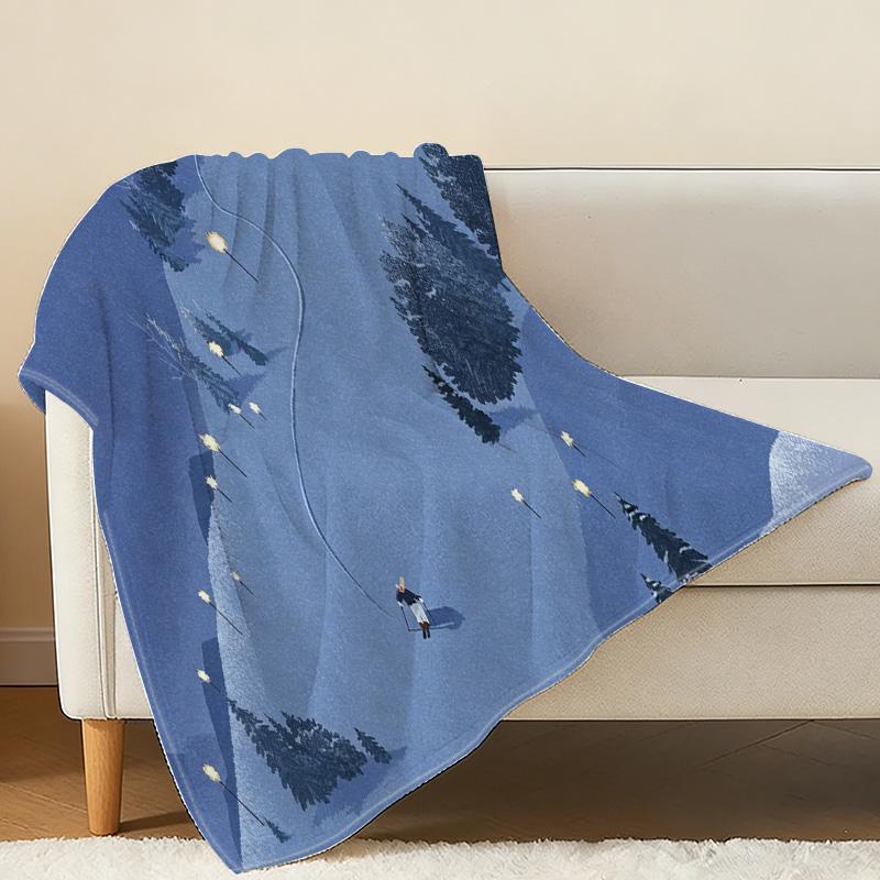 Soft Warm Flannel Fleece Throw Blanket, Ski Themed Cozy Bedding, Perfect for Home, Dorm, Christmas & Halloween Use
