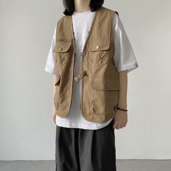 Unisex ležérní vesta bez rukávů s mnoha kapsami design vesta kabát zip knoflíky zapínání bunda cargo