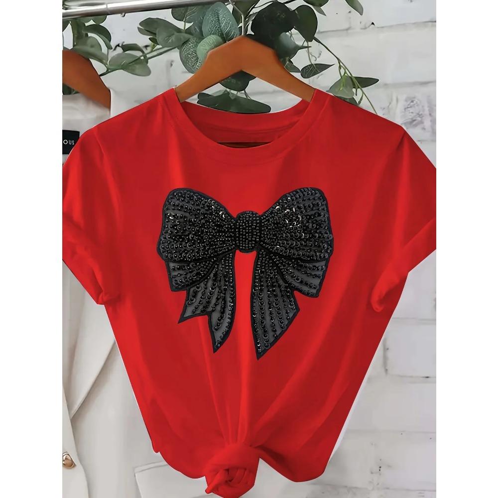 Women'S Sparkling Black Bow T-Shirt - Short Sleeve Casual Crew Neck Rhinestone Detail Ideal for All Seasons