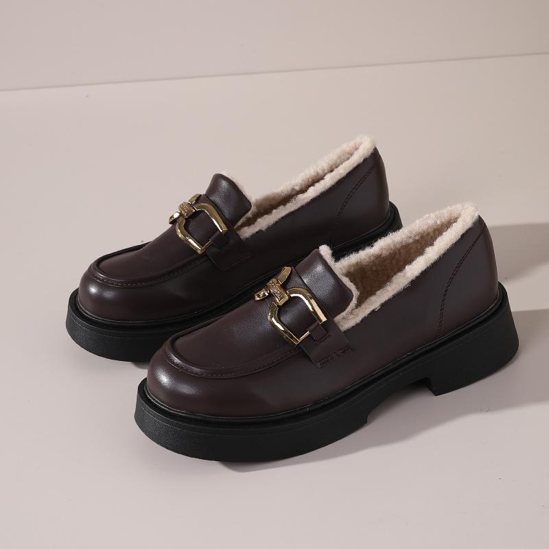 New Women'S Platform Loafers - Faux Fur Lined Winter Shoes Chunky Heel Slip On Casual Shoes Retro Metal Buckle Shoes