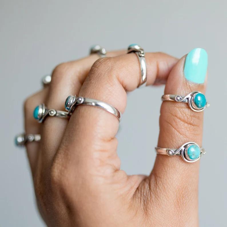 Turquoise Round Gemstone Ring, Solid 925 Sterling Silver Ring, Birthday Gift Ring, Boho Ring, Silver Jewelry, Party Ring, Mom Gifts