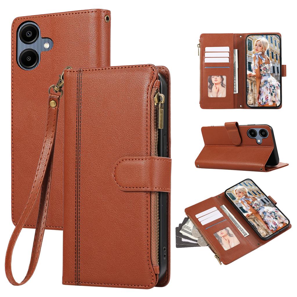 For Samsung Galaxy A06 4G Case Multi Card Slots Zipper Leather Phone Cover with Wrist Strap