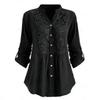 Spring Summer Women Shirt Mid Length V Neck Button-down Blouse with Cufflink Floral Embroidery Long Sleeve Lace Top for Dating