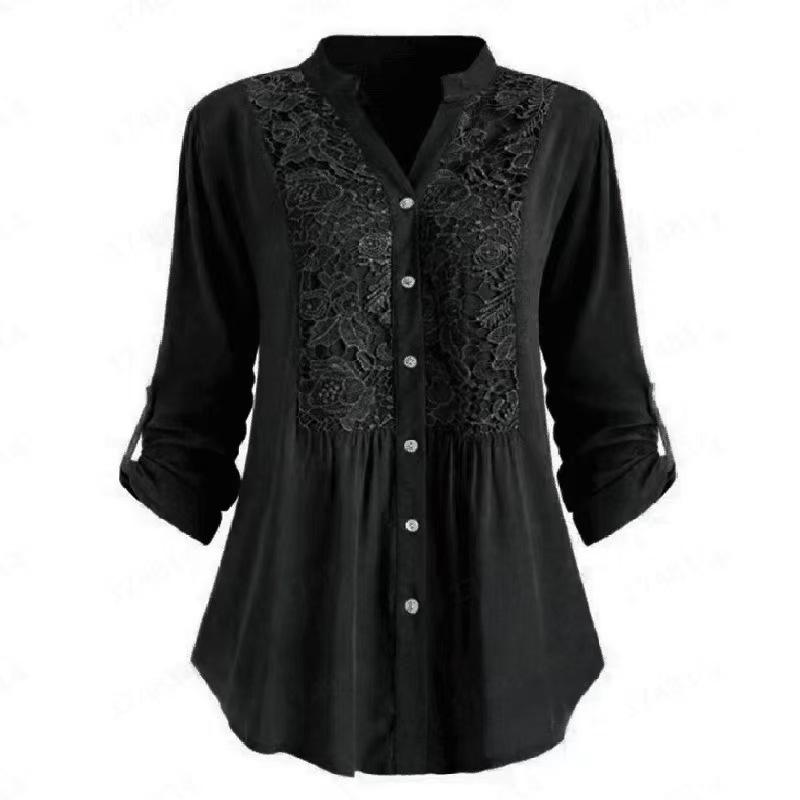 Spring Summer Women Shirt Mid Length V Neck Button-down Blouse with Cufflink Floral Embroidery Long Sleeve Lace Top for Dating