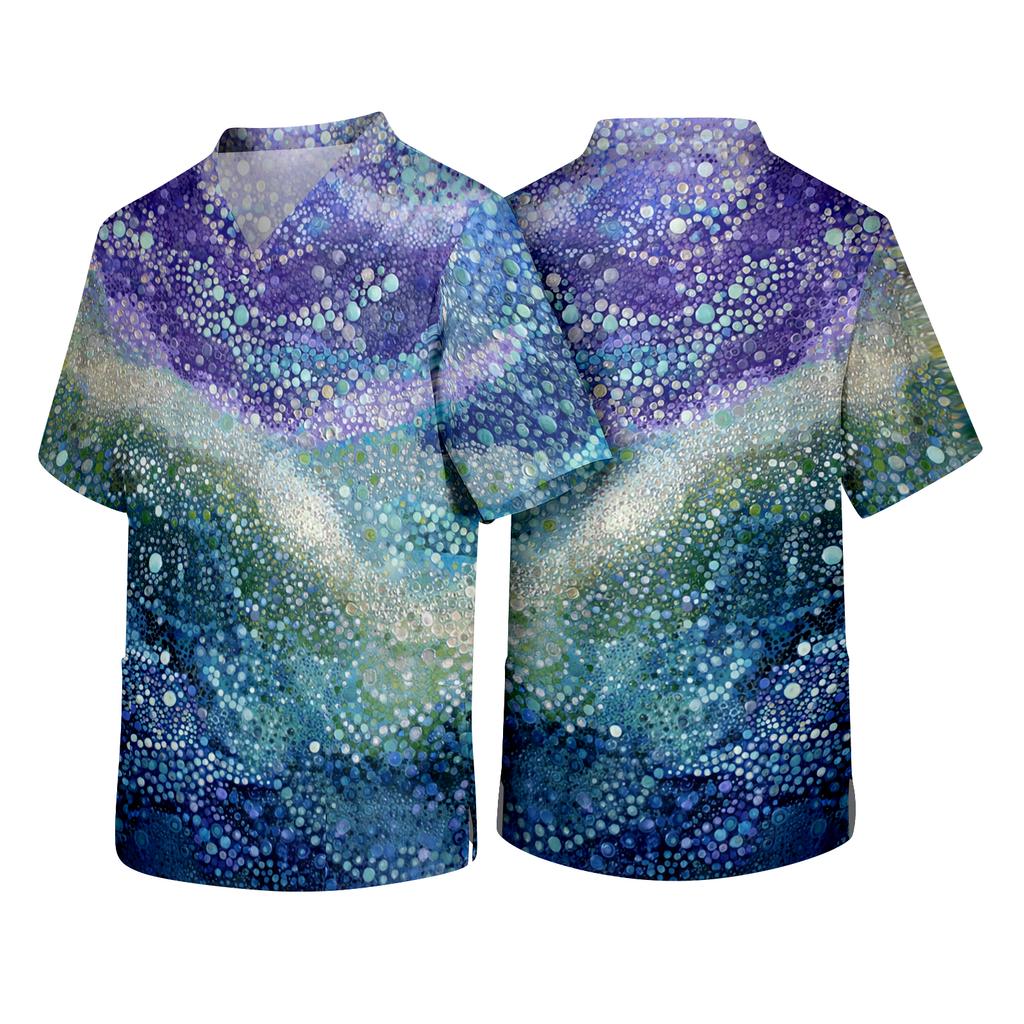 Men Short Sleeve V Neck Printed Chest Pocket Scrub Top with Relaxed Fit and Durable Fabric for Daily Wear