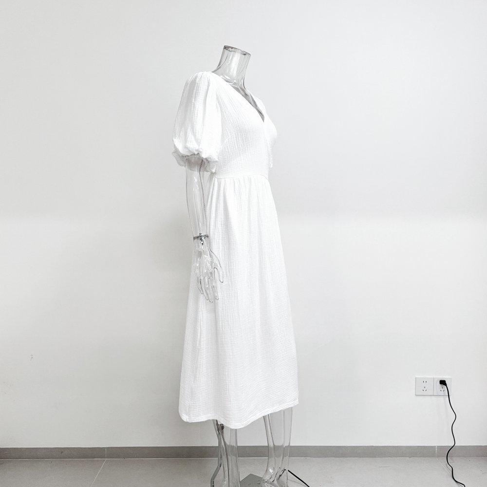 V-Neck Puff Sleeve Solid Color Long Dress – French Style Women's Fashion