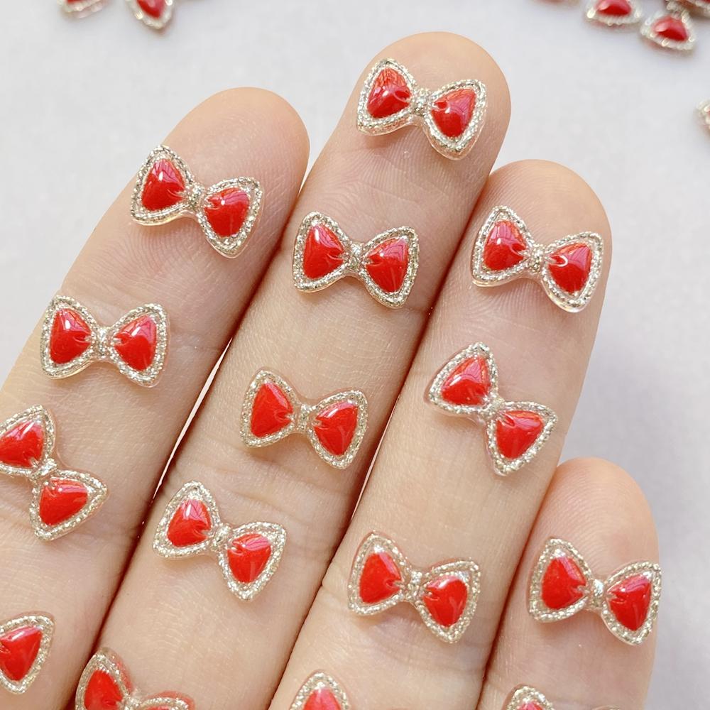 50Pcs Cute Cartoon Mini The Red Bow Nail Art Resin Designer Charms DIY Craft For Nail 3D Decorations Jewelry