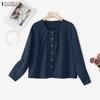 ZANZEA Blusa Casual da Donna a Girocollo a Maniche Lunghe e Ampia a Tinta Unita