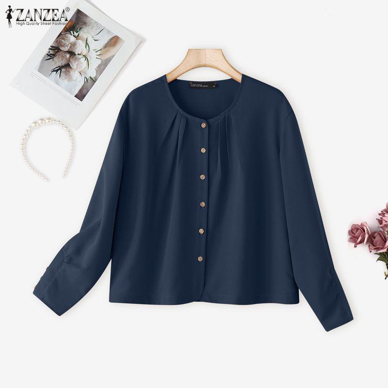 ZANZEA Blusa Casual da Donna a Girocollo a Maniche Lunghe e Ampia a Tinta Unita