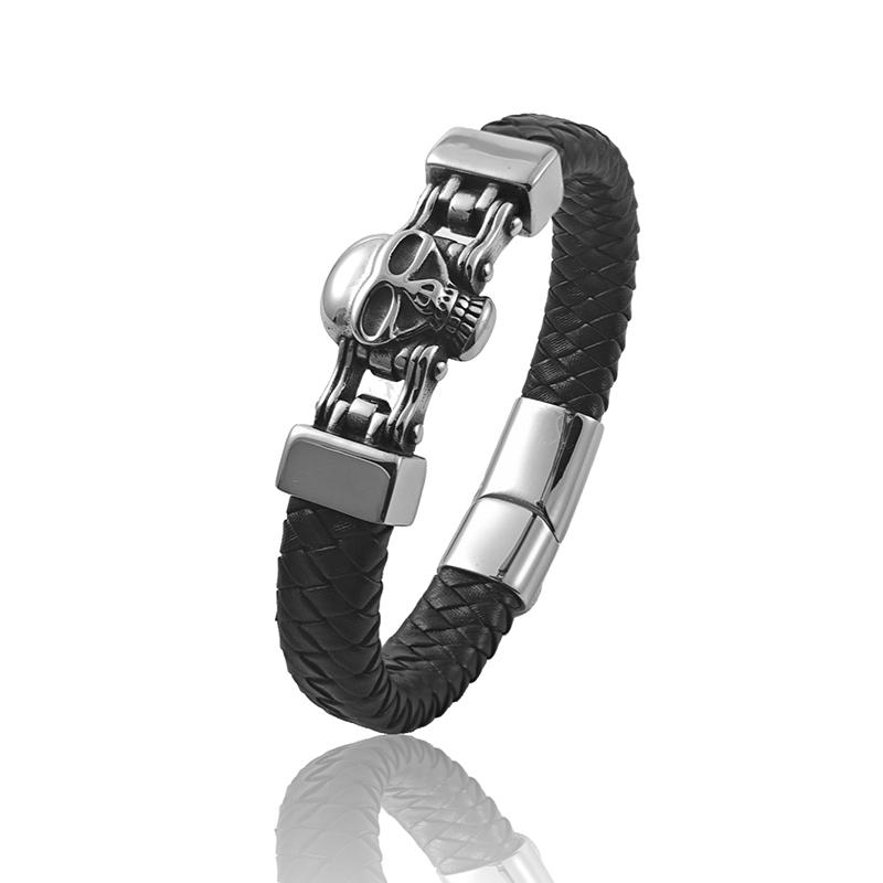 

Fashion Handmade Multi-Layer Leather Skull Bracelets for Men Wristband Stainless Steel Button Bangle Accessories Jewelry Gift 20.5cm серебряный