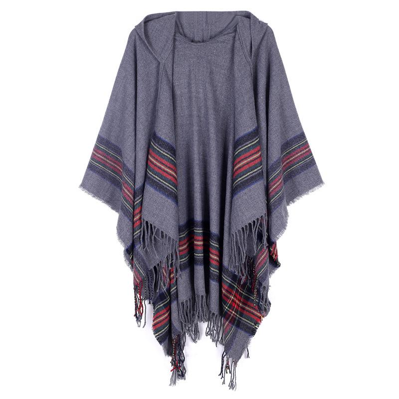 Women's Hooded Cape Shawl: Warm Autumn/Winter Tassel Slit, Two-way Imitation Cashmere Scarf