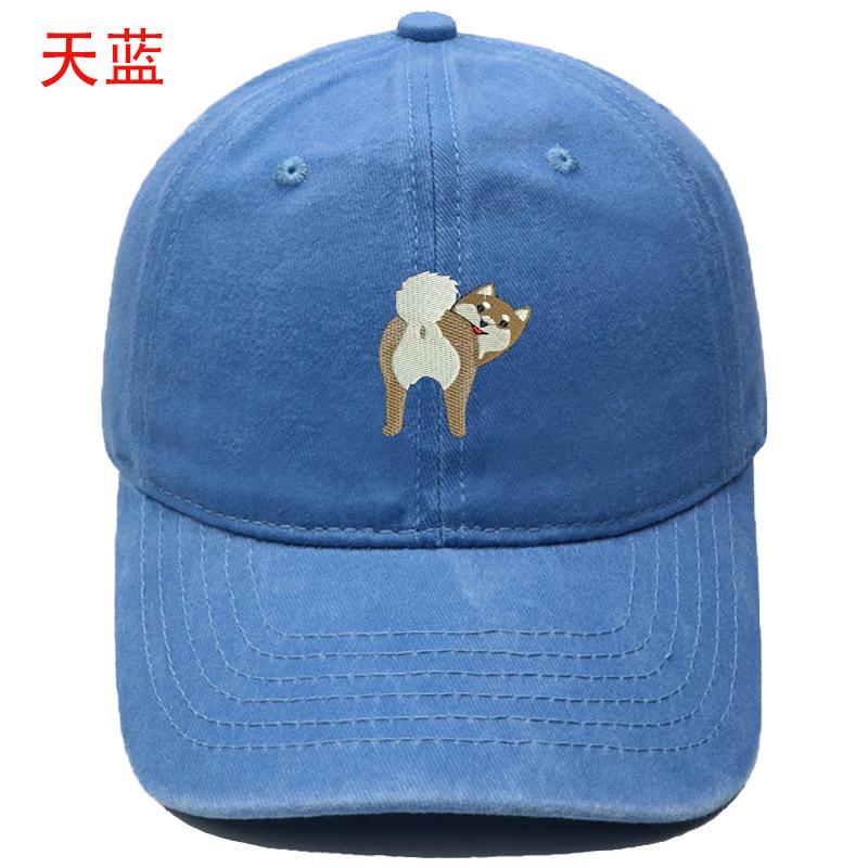 Cartoon cute puppy embroidery washed retro soft top baseball cap men's and women's casual outdoor sunshade cap