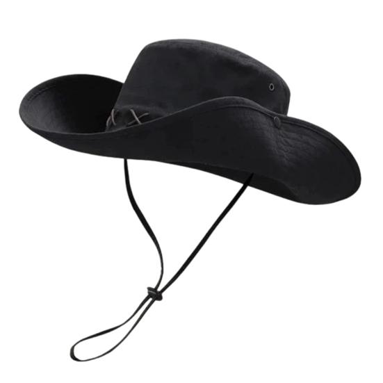 Western Cowboy Hat, Unisex Outdoor Hiking Hat with Adjustable Windproof Rope, Outdoor Sunshade Suede Fisherman Hat for Camping Travel