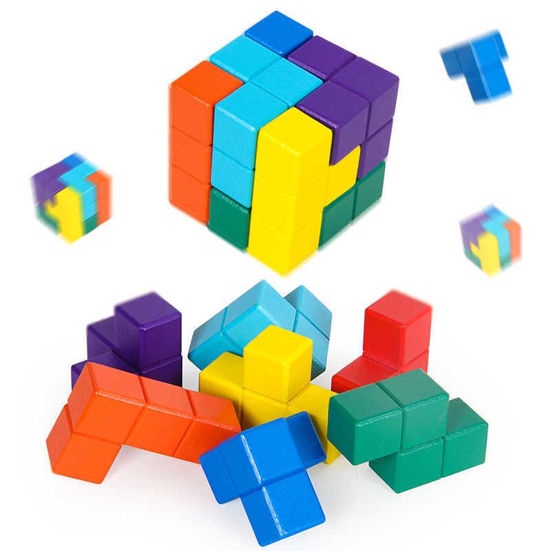 Holz Kinder 3D Tetris Puzzle Würfel - Sieben-teilige Lernbausteine