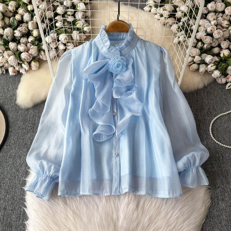 

2025 Fall and Winter New Chiffon Shirt Women s Stylish Stand Collar Ruffle Silm French Joker Bell Sleeve Tops Blue All yards