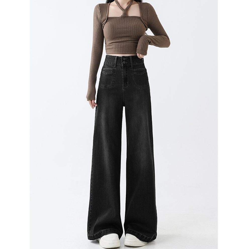American retro design wide-leg jeans women's summer high-waisted large-size loose and thin floor-mopping straight-leg pants