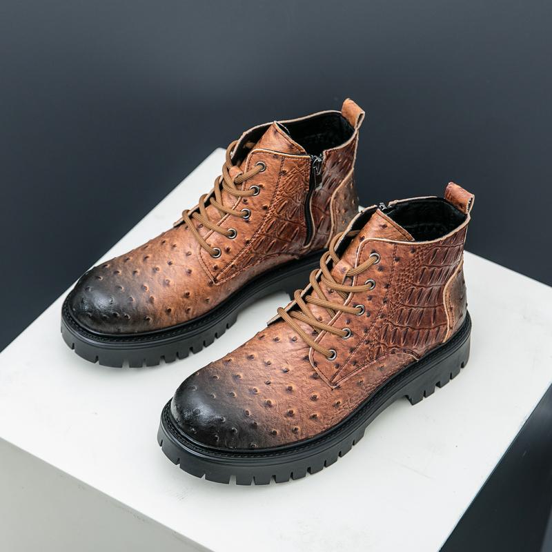Fashion 2024 Winter Classic Men's Leather Ankle Boots Trend Height Increasing High Top Shoes Handsome Workwear Boots for Men's Lace Up
