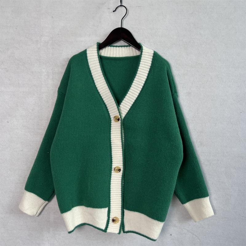 Color Blocking Cardigan V-neck Sweater Women's Loose Knitted Coat Large Size Knitwear Soft Fabric Warm Comfortable Harajuku Style Autumn Winter