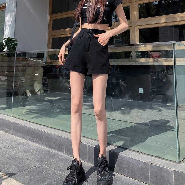 Skinny Fashionable Versatile Black Ultra-high-waist Denim Shorts Female Design Sense Double-button Loose Thin Outside Straight Rolled Wide-leg Pants