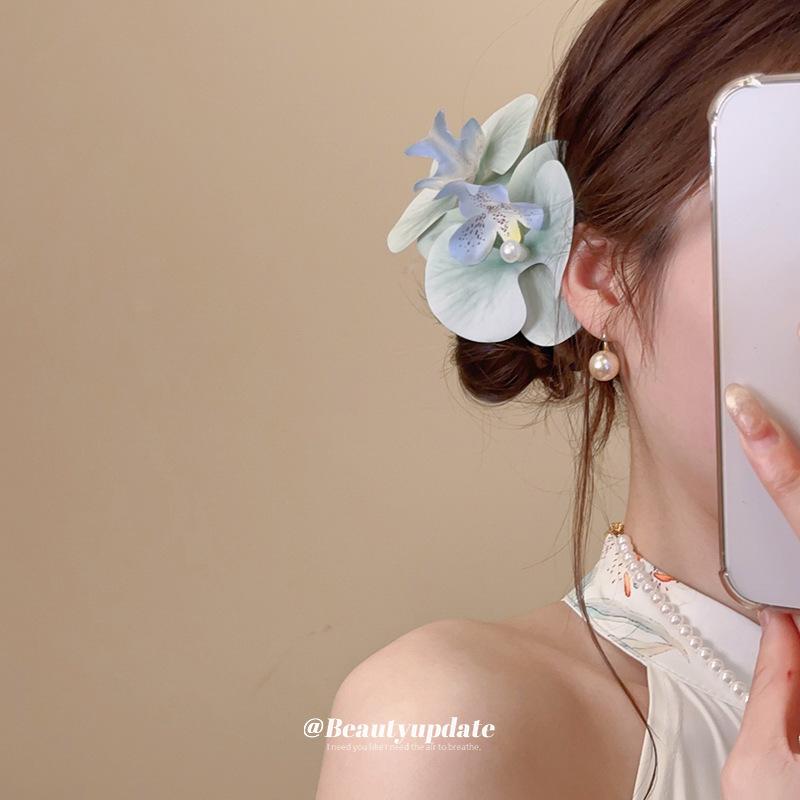 Smudge fabric flower pearl hairpin versatile duck bill clip sweet niche temperament hair accessories wholesale