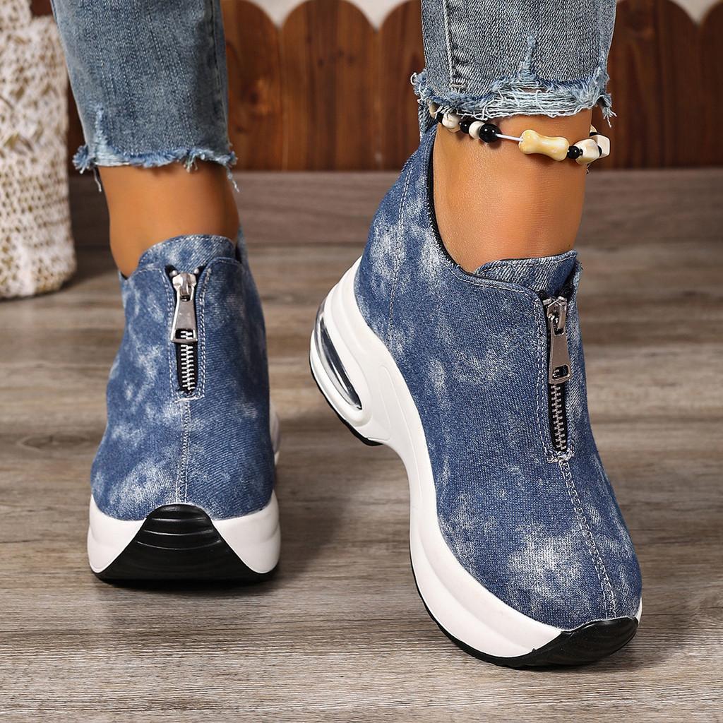 Casual Denim Platform Sneakers With Zipper Closure For Womens Autumn Walks