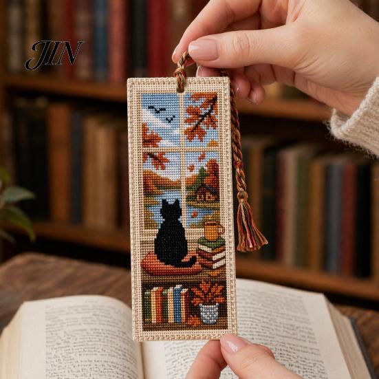 Vintage Style Bookmark DIY Stitch Kit for Adults Beginners, Seasonal Cat Retro Handmade Embroidery Kit, Gifts Lovers, Readers Artistic