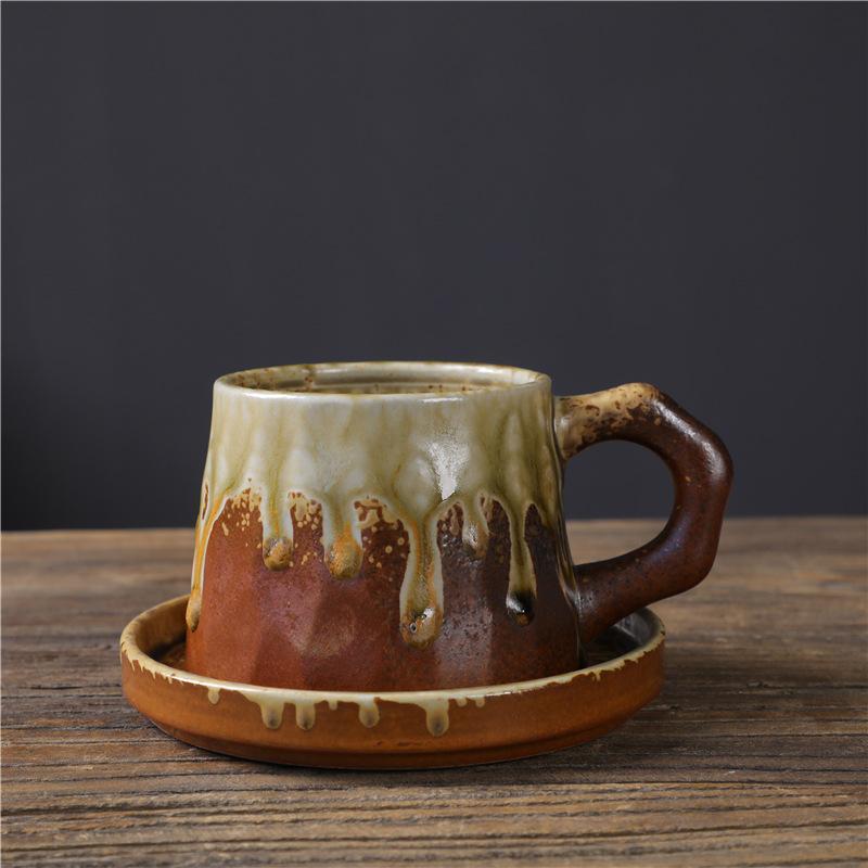 Retro Ceramic Coffee Cup And Saucer Set Creative Souvenir Cup Afternoon Tea Mug Coarse Pottery Coffee Cup