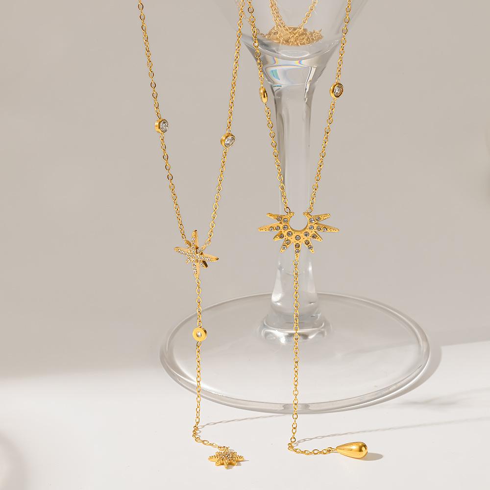 Hot Sale Diamond-encrusted Octagram Stainless Steel Y-Chain Plated 18K Gold Waterproof Necklace Light Luxury Premium Accessories Women