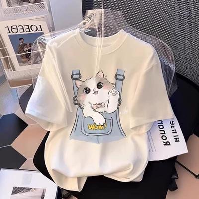Cross-Border E-commerce Women's Cartoon Kitten Print Short-Sleeve T-Shirt, 2026 Summer, Plus Size, Loose Fit, Trendy Slimming Design.