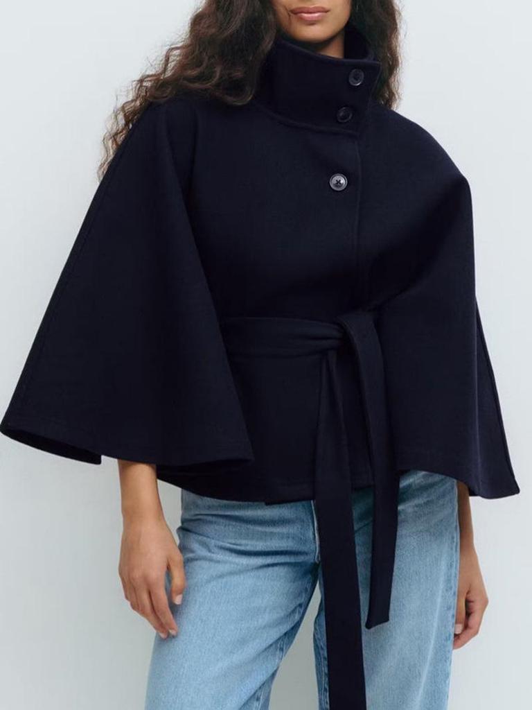 2025 Women's Solid Color Cape Trench Coat with Stand Collar and Belt for Autumn and Winter