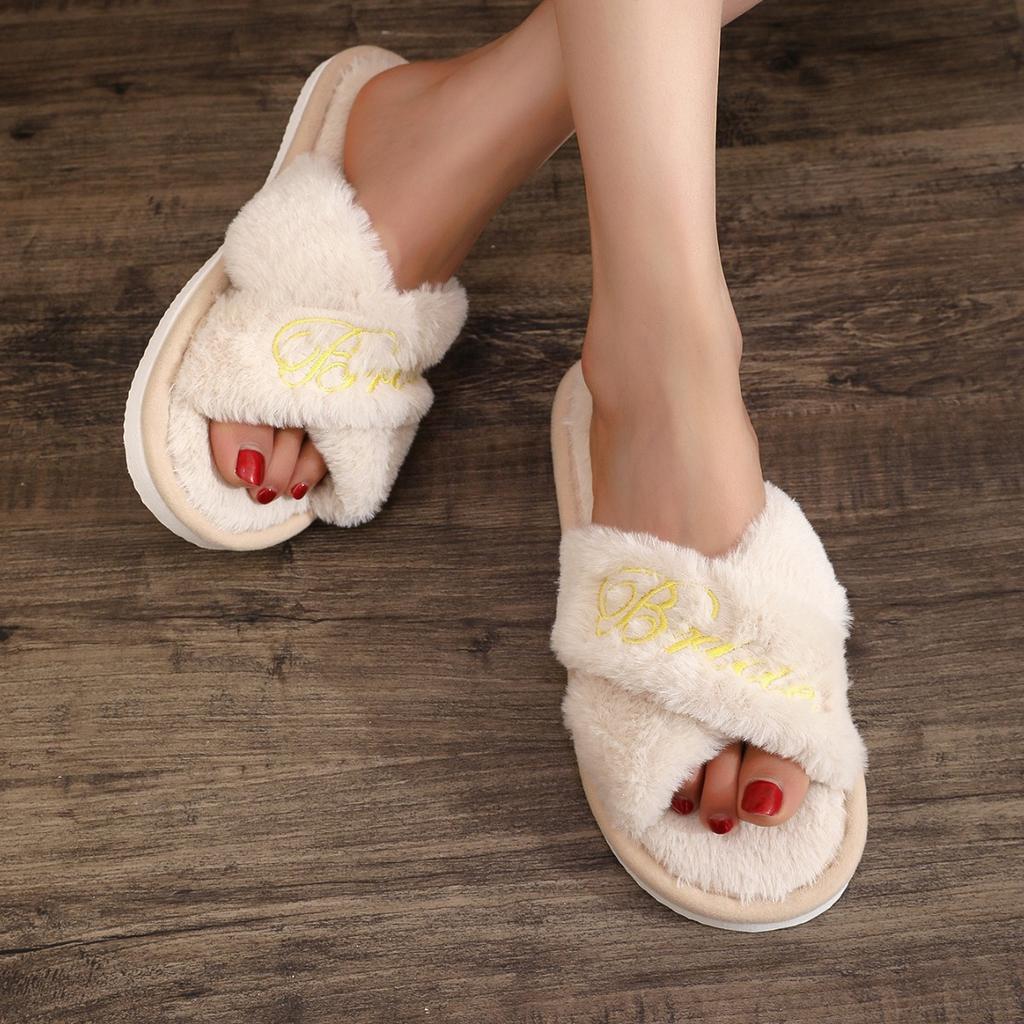 Embroidered Plush Slippers Indoor Anti Slip and Toe Exposed Slippers