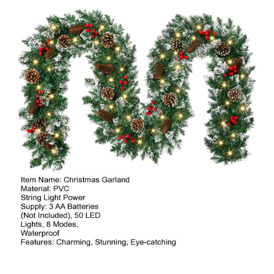 Artificial Christmas Garland with 50 LED Lights Battery Operated Prelit Greenery Garland with Pine Cones Red Berries for Mantle Staircase Doorway