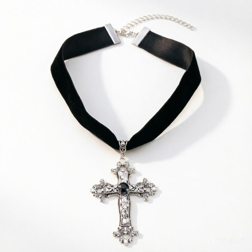SUMENG Vintage Antique Silver Color Cross Choker Black Rhinestone Gothic Black Rope Necklace