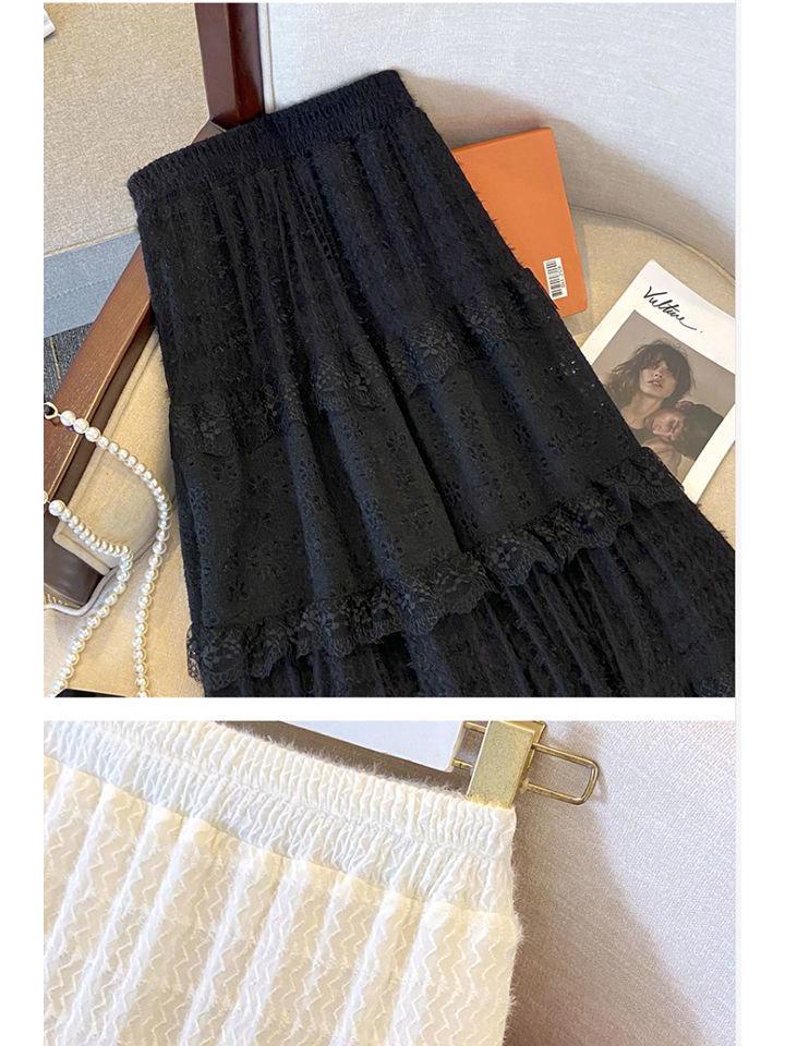High-Waisted Fleece-Lined Lace Layered Slimming Midi Skirt