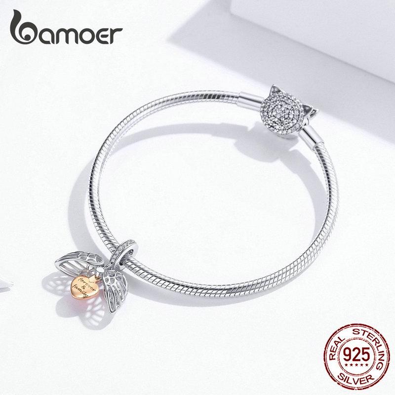 BAMOER Guardian Wings Family Anhänger Echt 925 Sterling Silber Charm für Frauen Silber Armband Herz
