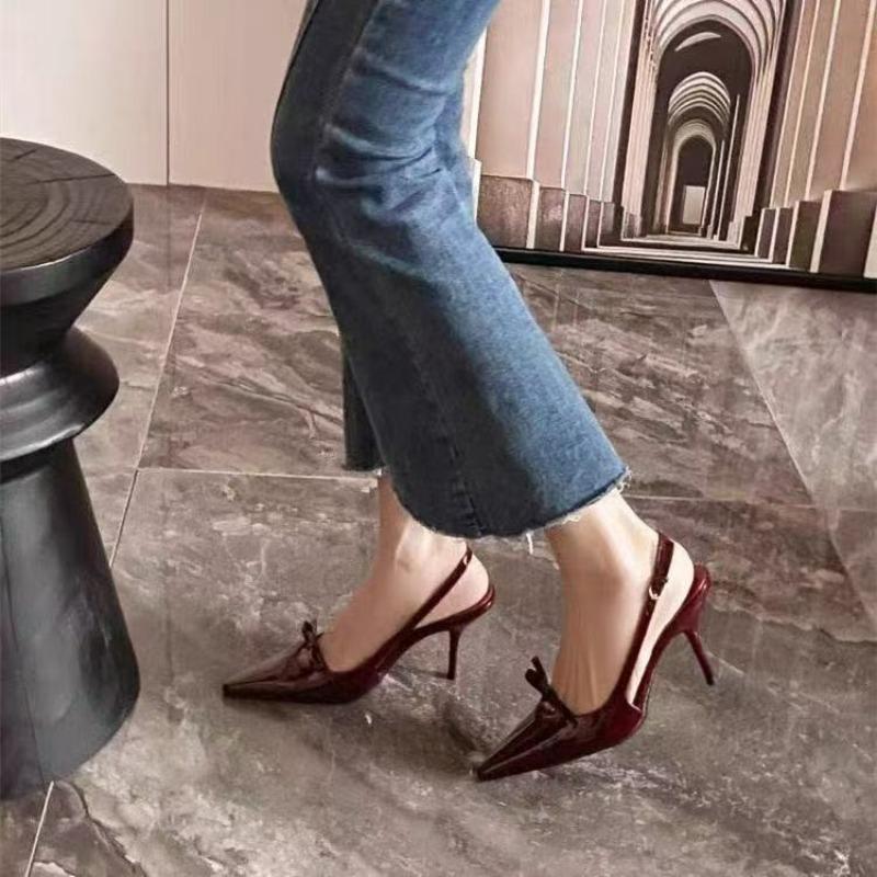 Fashion Temperament Baotou Soft Leather High Heels Women's Fashion Bow Stiletto Heel Pointed Toe Back Empty Strap Sandals