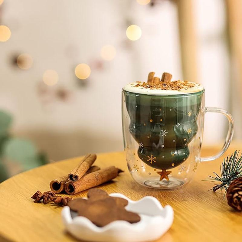 YWDL Creative Christmas Tree Glass Cup With Lid Coffee Mug Double Wall Transparent Coffee Milk Mug Christmas Gifts Cups For Girl