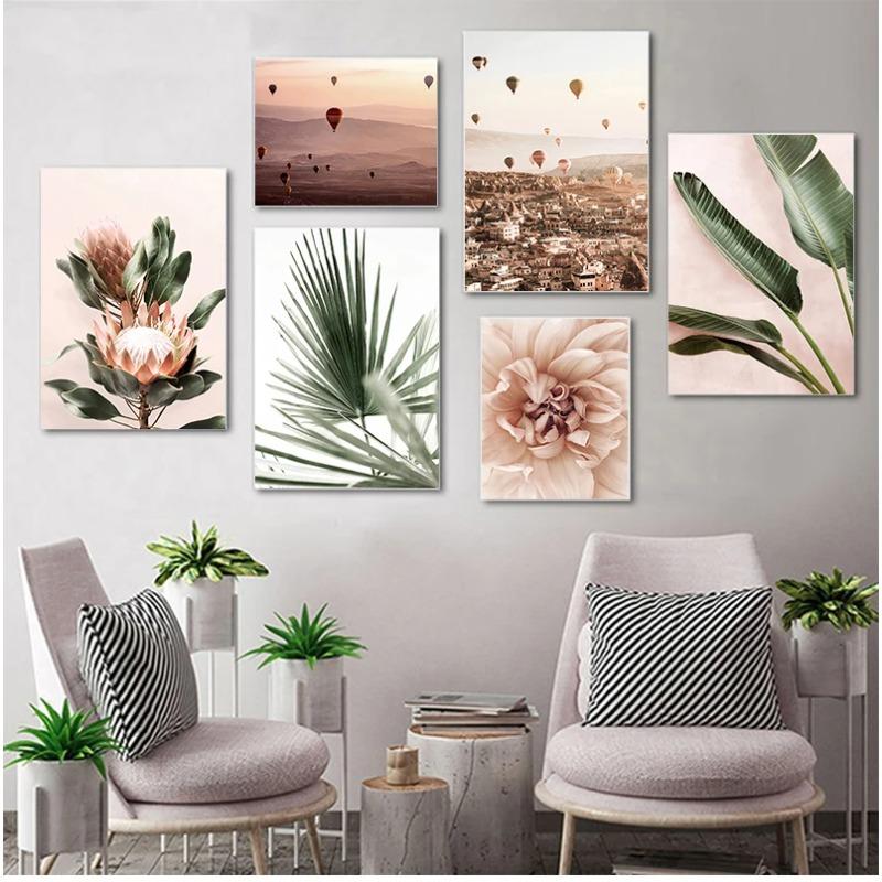 Rosa Stil Blumenposter Grüne Blätter Leinwanddruck Marokko Tür Moderne Wandkunst Bilder für Wohnzimmerdekor