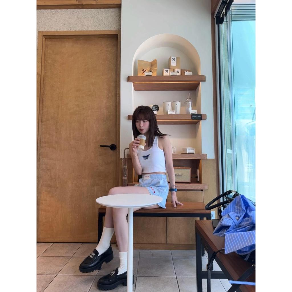 High Waist Embroidered Striped Loose Casual Shorts Women's 100% Cotton Fashion Korean Style Straight Leg Pants Single Wear Summer Shorts