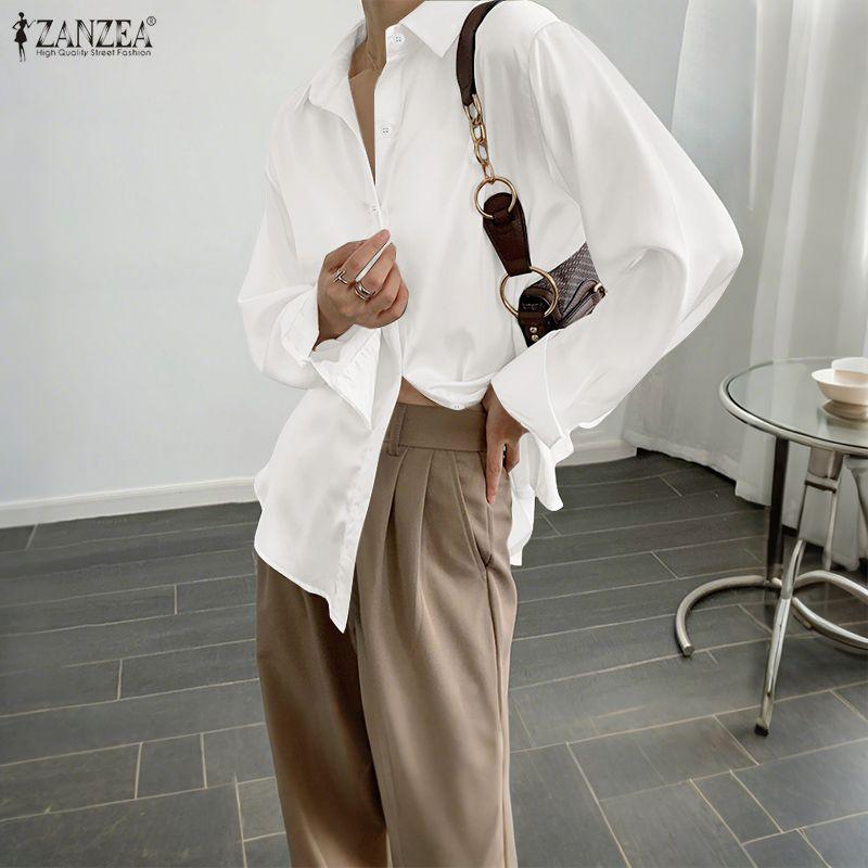 ZANZEA Women Casual Turn Down Collar Loose Long Sleeve Solid Blouse