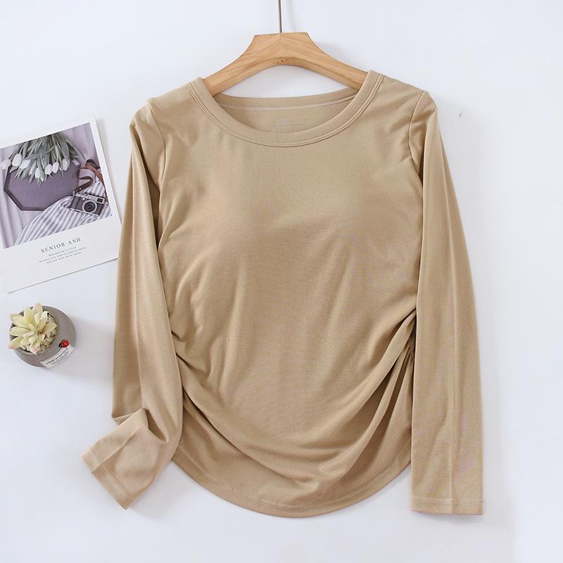 Chest-Padded Slim Fit Women's Top: Round Neck, Long Sleeve, Fishtail Hem, No Bra Needed, Autumn/Winter Style.