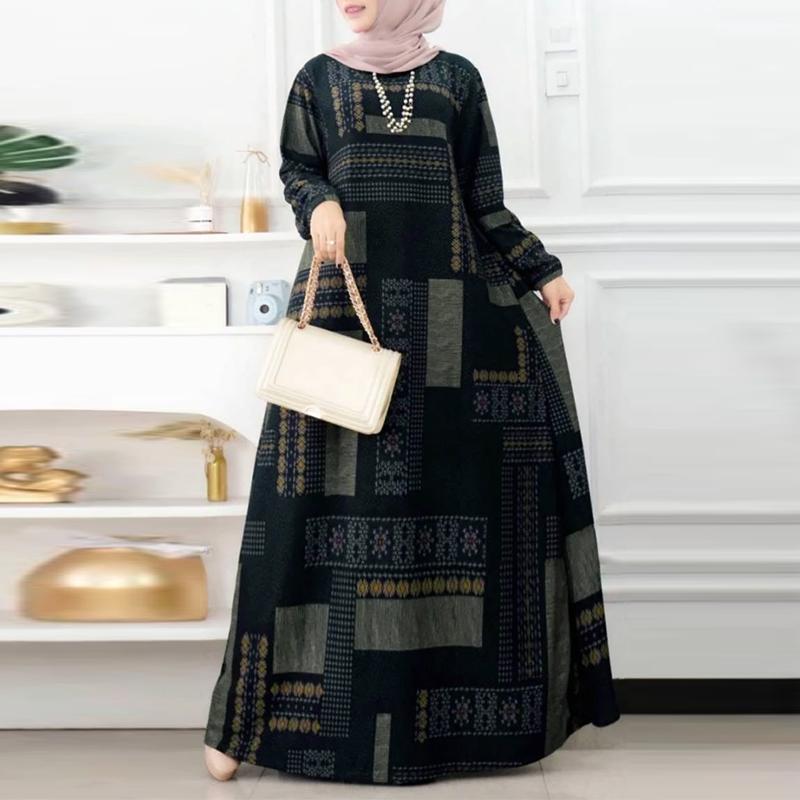 ZANZEA Women Retro Print Loose Casual Round Neck Long Sleeve Dress