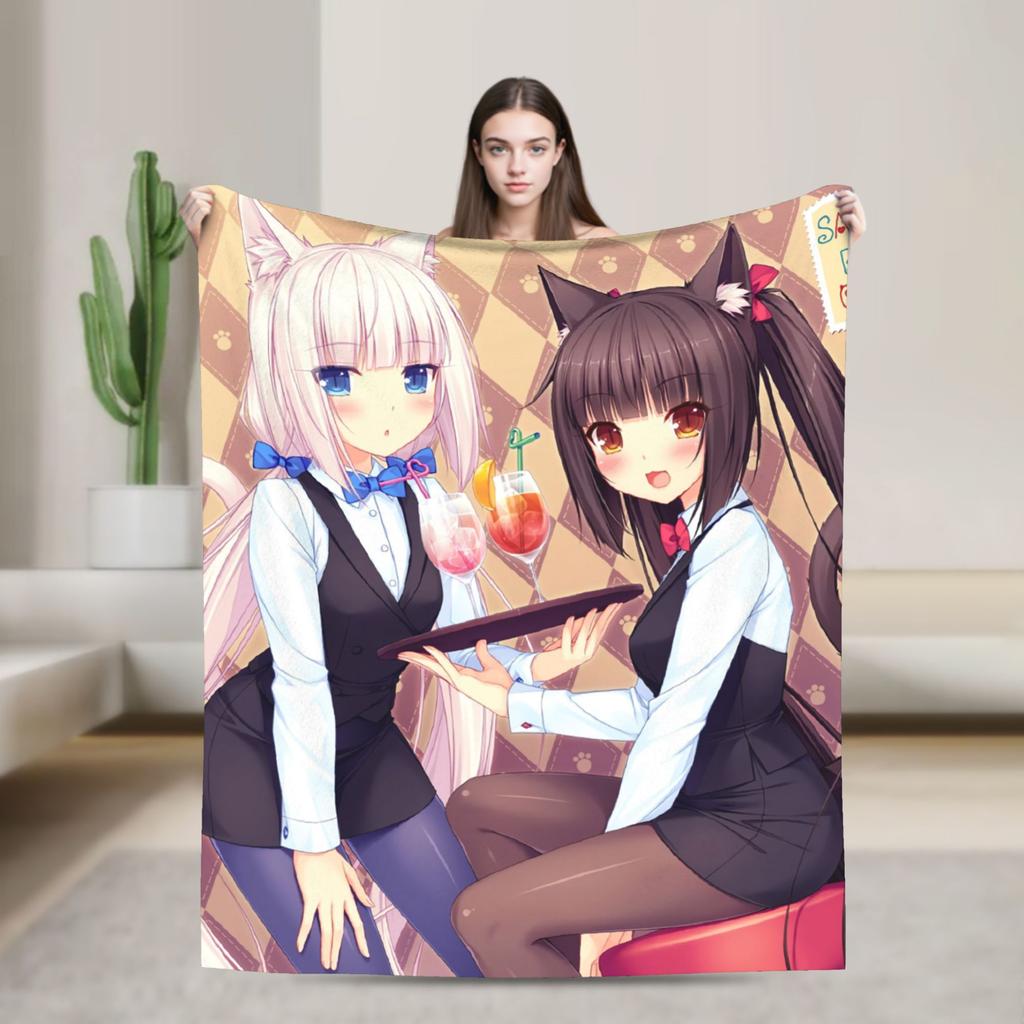 Kawaii Nekopara Anime Catgirls Blankets Fleece  Super Warm Throw Blankets for Outdoor Travel Bedroom Quilt