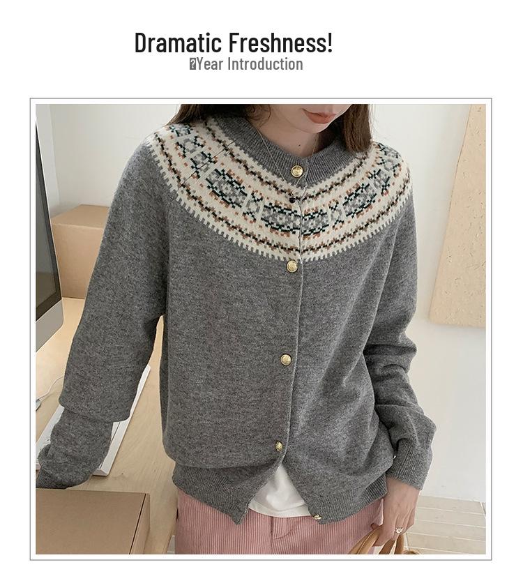 Women's Retro Color Block 100% Wool Cardigan - Round Neck Knit Jacquard Sweater for Autumn & Winter